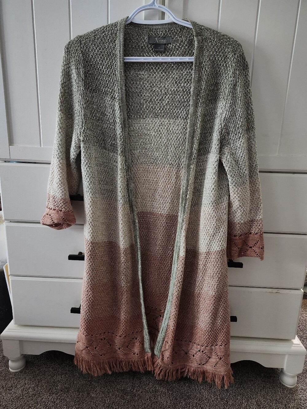 Natural Reflection Long Ombre Open-Front Cardigan in Sage, Cream & Dusty Rose